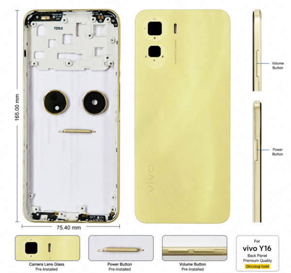 Original Back Panel Housing with Camera Lens & Side Keys for Vivo Y16 (Drizzling Gold) – Premium Replacement Rear Battery Cover